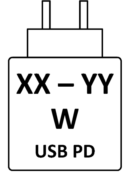 Etiquette représentant un chargeur portant les indications suivantes sur son dos : XX – YY sur la première ligne, W sur la seconde ligne et USB PD sur la troisième.